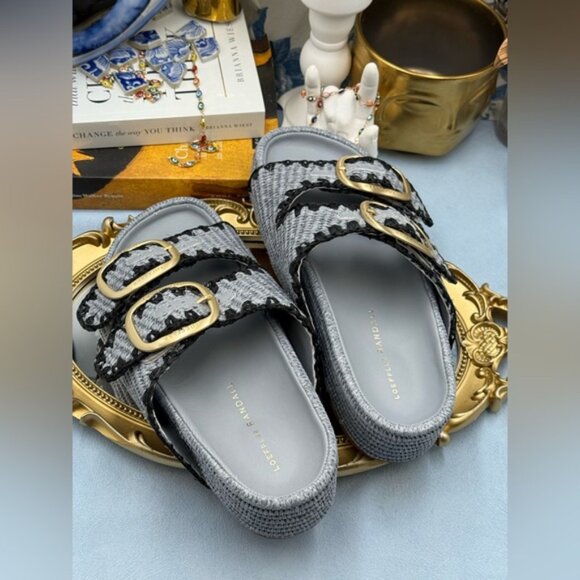 🆕 LOEFFLER RANDALL 🧿 NWOB Theo Embroidered Raffia Platform Sandal, Blue Sz 8 - Picture 12 of 15